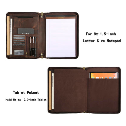 Handmade Genuine Leather Portfolio Organizer for IPad/Document, Business Padfolio with A4 Leather Notepad Holder, Leather Compact Folder Conference Portfolio for Men and Women, Dark Khaki