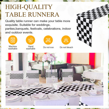 Newwiee 54 Pcs Stretch Chair Sashes with Table Runners, Classic Black and White Chair Bows Sashes Fringe Table Runner for Party Wedding Reception Banquet Decorations (Black and White Checkerboard)