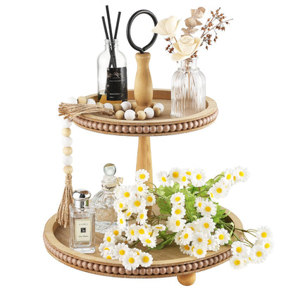 Beaded Tiered Tray Stand, Rustic Wooden 2 Tier Decorative Tray with Bead Garland, Farmhouse Round Wood Serving Tray Counter Centerpiece for Coffee Bar Home Decor Holiday Housewarming Gifts (Brown)