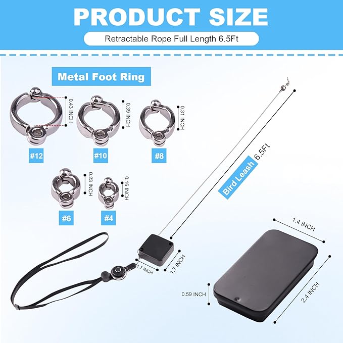 Bird Leash, with 5 Different Size Foot Ring and Feeder Box, Retractable Anti-Bite Parrot Harness, Bird Flight Training Rope for Budgies,Cockatiels,Psittacula Longicauda,Mini Macaws (6.5Ft)