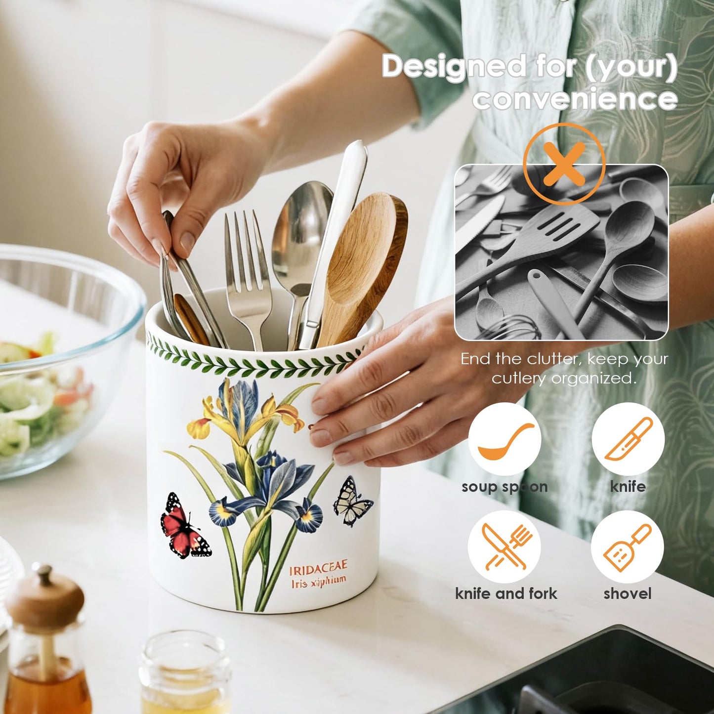 ACMLIFE Extra Large Cooking Utensil Holder, 7.3" Kitchen Utensil Holder for Countertop, Utensil Crock for Farmhouse Kitchen Decor, Ceramic Stable Utensil Caddy, Floral (Iris)