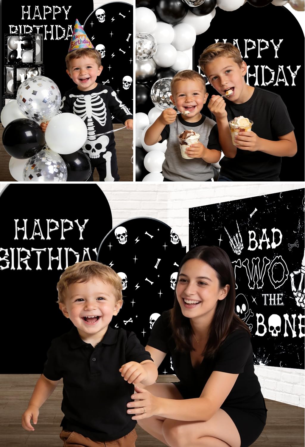 cocomigo Bad Two the Bone Party Decorations Boy for 25 Guests, 292PCS Cute Skeleton-Themed Black White All-in-One 2nd Birthday Decorations, with Balloon Arch Plates Banner Cake Topper & Centerpieces