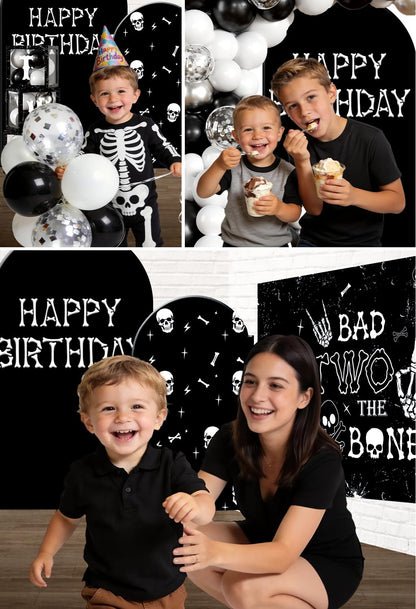 cocomigo Bad Two the Bone Party Decorations Boy for 25 Guests, 292PCS Cute Skeleton-Themed Black White All-in-One 2nd Birthday Decorations, with Balloon Arch Plates Banner Cake Topper & Centerpieces