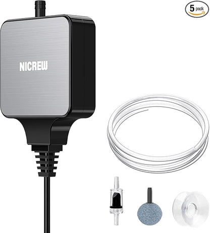 NICREW Nano Silent Aquarium Air Pump Black, Aquarium Aerator with Accessories for Up to 10 Gallon Fish Tank, Super Quiet, 0.3 L/min, 1.5 Watts