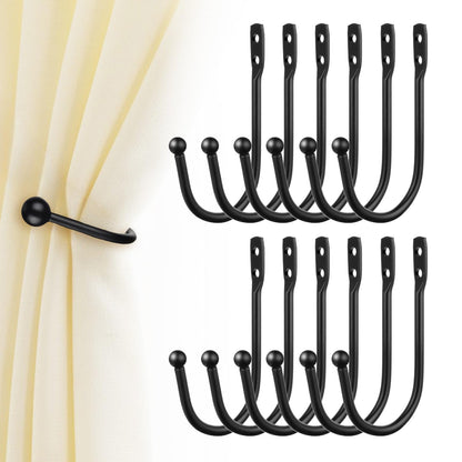 Gaahkai 12PCS Curtain Tie Back Hooks, Metal Curtain Holdbacks Side Tiebacks Wall Mounted with Screws, Black