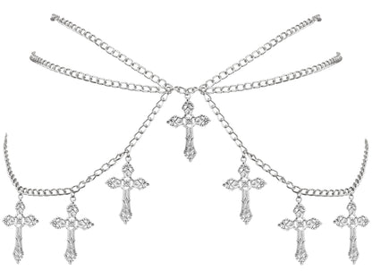 Sacina Silver-tone Cross Chain belt, Waist Belly Chain, Gothic Goth Punk Grunge Emo Belt, Goth Accessories