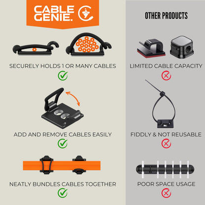 CableGenie [Made in the UK] 10-Pack Adjustable Elastic Adhesive Cable Clips, Wire Management Holder, Cord Organizer for Home Office, Under Desk, Behind TV, Phone Charger, Laptop, PC, HDMI, USB (BLACK)