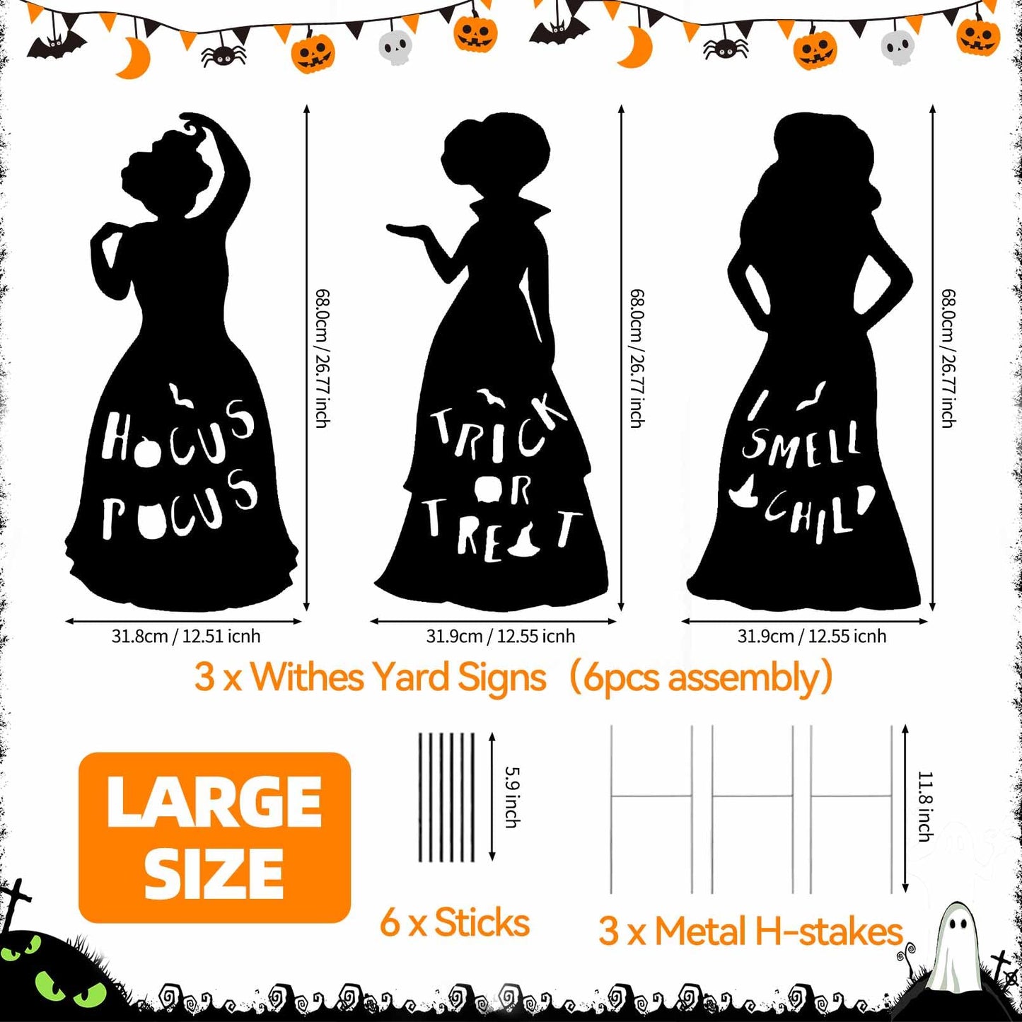 3Pcs Witch Silhouette Yard Signs Hocus Pocus Halloween Decorations Halloween Yard Decoration Sign with H-Stakes for Yard Lawn Garden Outdoor Decor