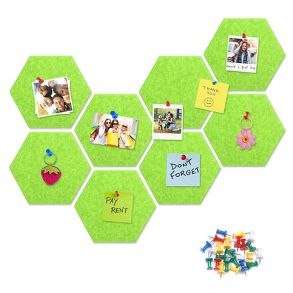 8 Packs Fluorescent Green Hexagon Felt Pin Board, 12" Bulletin Board with 30 Push Pins, Felt Board for Home Kitchen Office Decor, Self-Adhesive Corkboard Tiles for Walls Message Photos Memos Display
