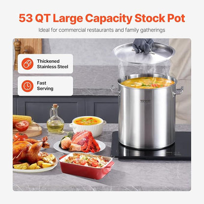 VEVOR Stainless Steel Stockpot, 53 Quart Large Cooking Pots, Cookware Sauce Pot with Lid, and Handle, Heavy Duty Commercial Grade Stock Pot, Sanding Treatment, for Large Groups Events Silver