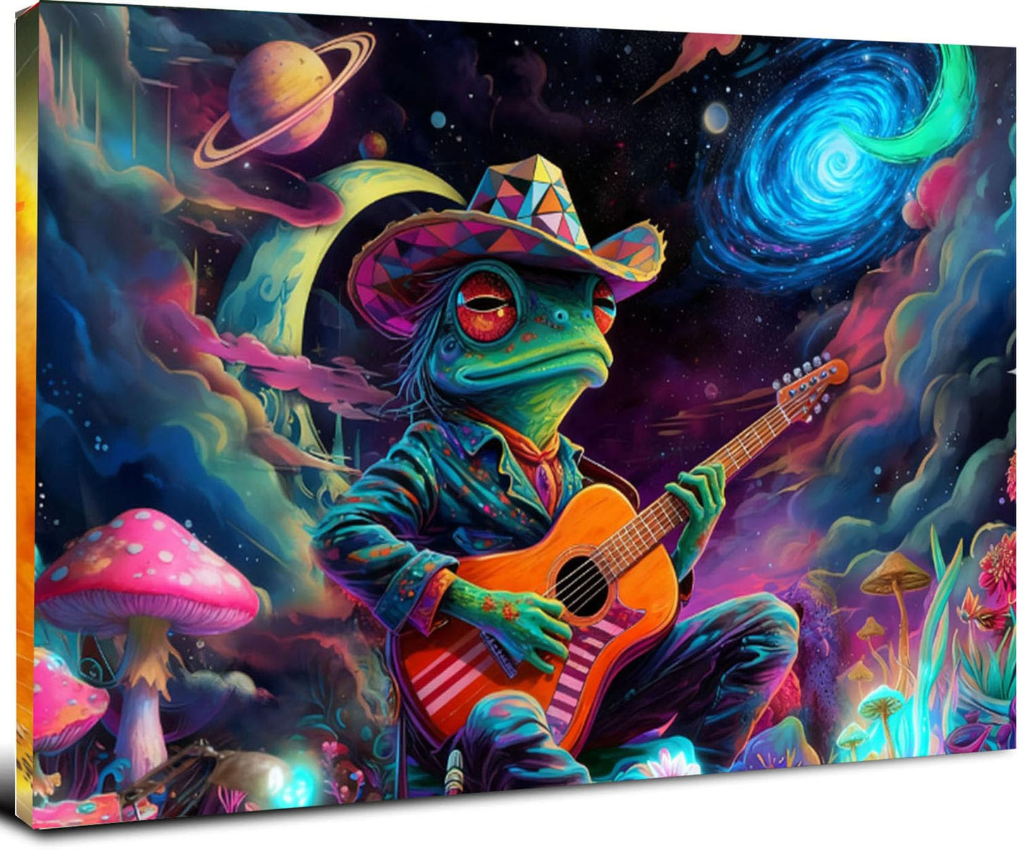 16x24 Psychedelic Space Frog Canvas Wall Art, Colorful Framed Cosmic Mushroom Guitar Player Kids Trippy Room Decor Teen Boys Bedroom Wall Posters Children Home Game Prints Gift Painting