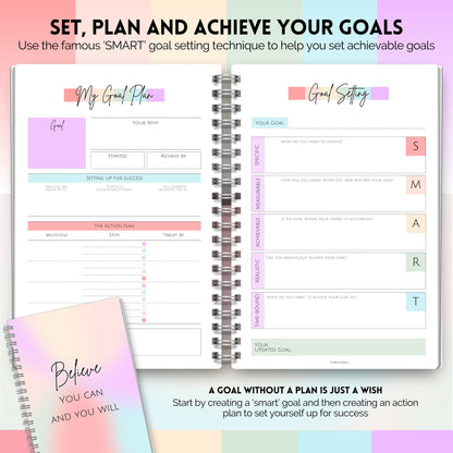 Goal Planner | SMART Goal Setting Kit for the New You, Monthly Habits, Reflections & Vision Boards | Pastel Rainbow A5