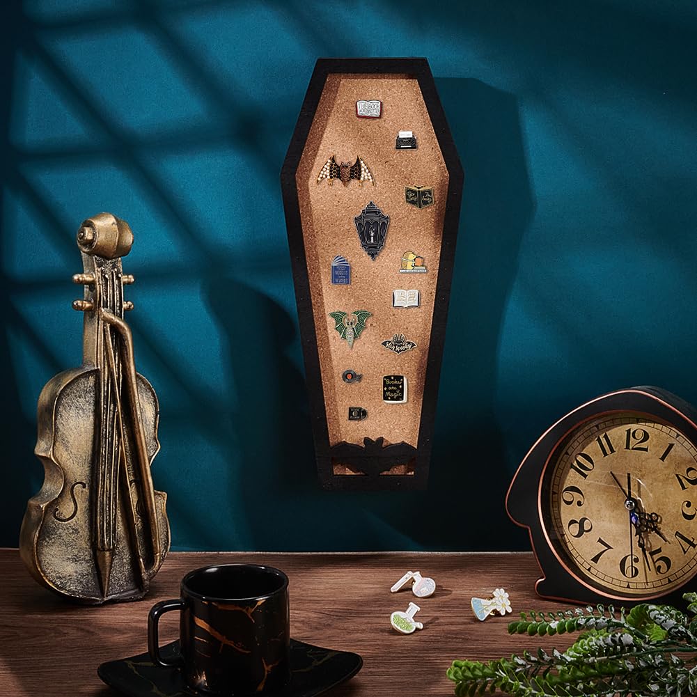 BENECREAT Coffin Bat Pin Board Cork Board, 11.2x4.7inch Bulletin Display Board Wall Mounted Cork Board with Black Frame for Brooch Pin Display, Home School Halloween Decor