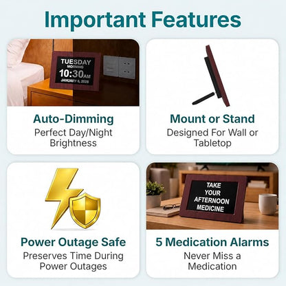 American Lifetime New 2026 Dementia Clock Large Digital Clock for Seniors, Alzeimer Clock Large Display with Custom Alarms, Clock with Day & Date for Elderly, Digital Calendar Premium Mahogany 12"