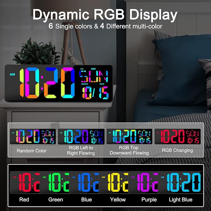 XREXS Large Digital Wall Clock with Remote Control, 17 Inch LED Large Display Count Up & Down Timer, Adjustable Brightness RGB Color Changing Clock Alarm Clock for Home, Gym, Office and Classroom