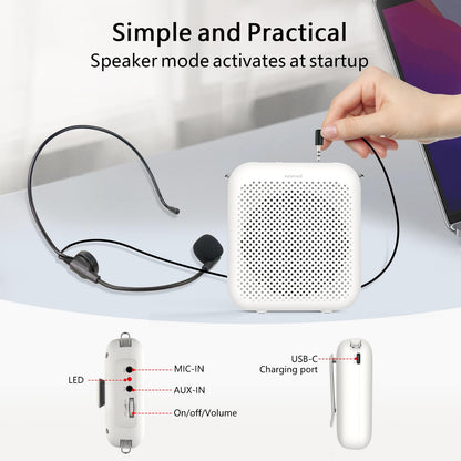 Norwii Bluetooth Voice Amplifier, Power Amplifiers, Portable Mini Wired Microphone Headset for Teacher Classroom & Outdoor Lectures, Teaching, Tour Guides, USB-C Rechargeable - 2000mAh, White