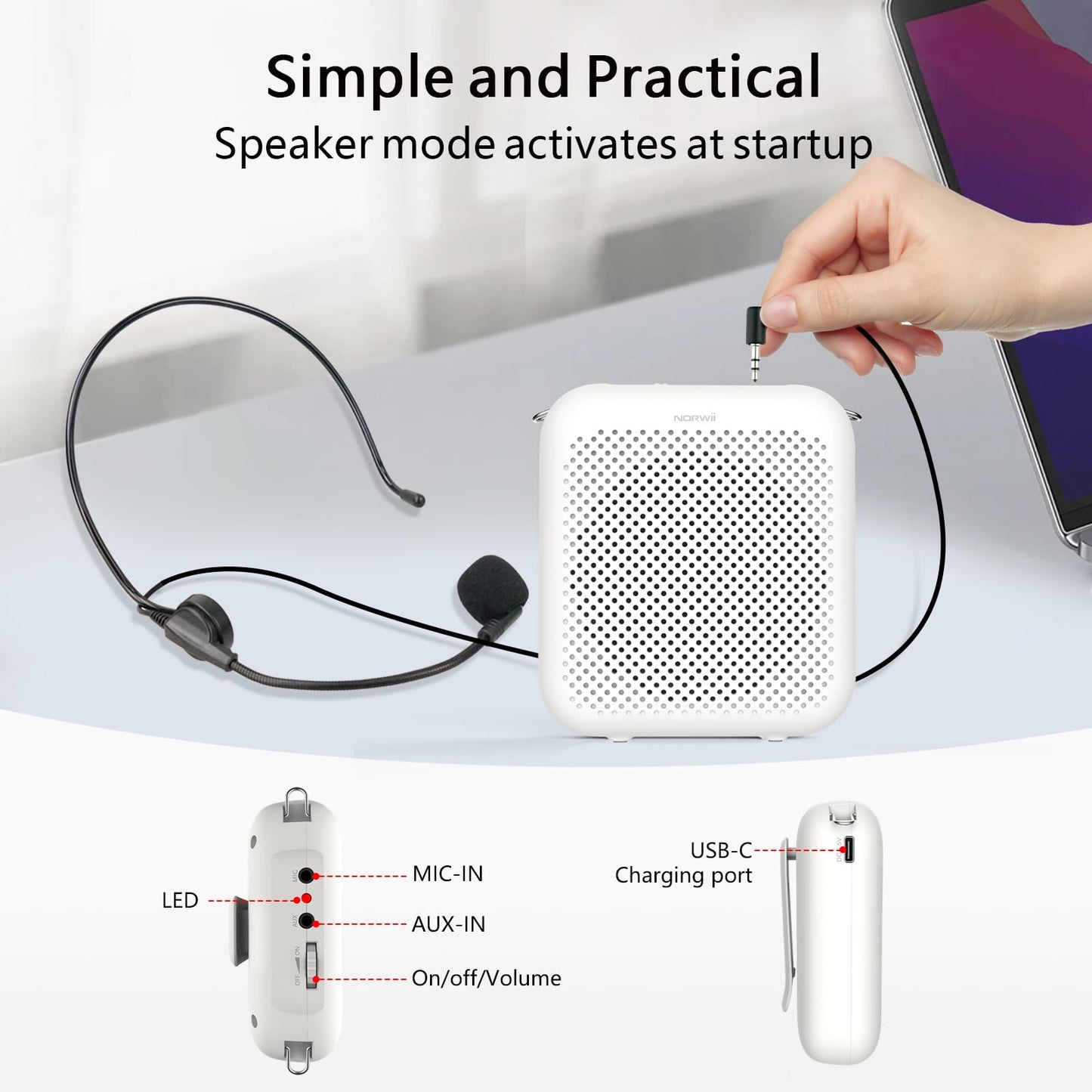 Norwii Bluetooth Voice Amplifier, Power Amplifiers, Portable Mini Wired Microphone Headset for Teacher Classroom & Outdoor Lectures, Teaching, Tour Guides, USB-C Rechargeable - 4000mAh, White