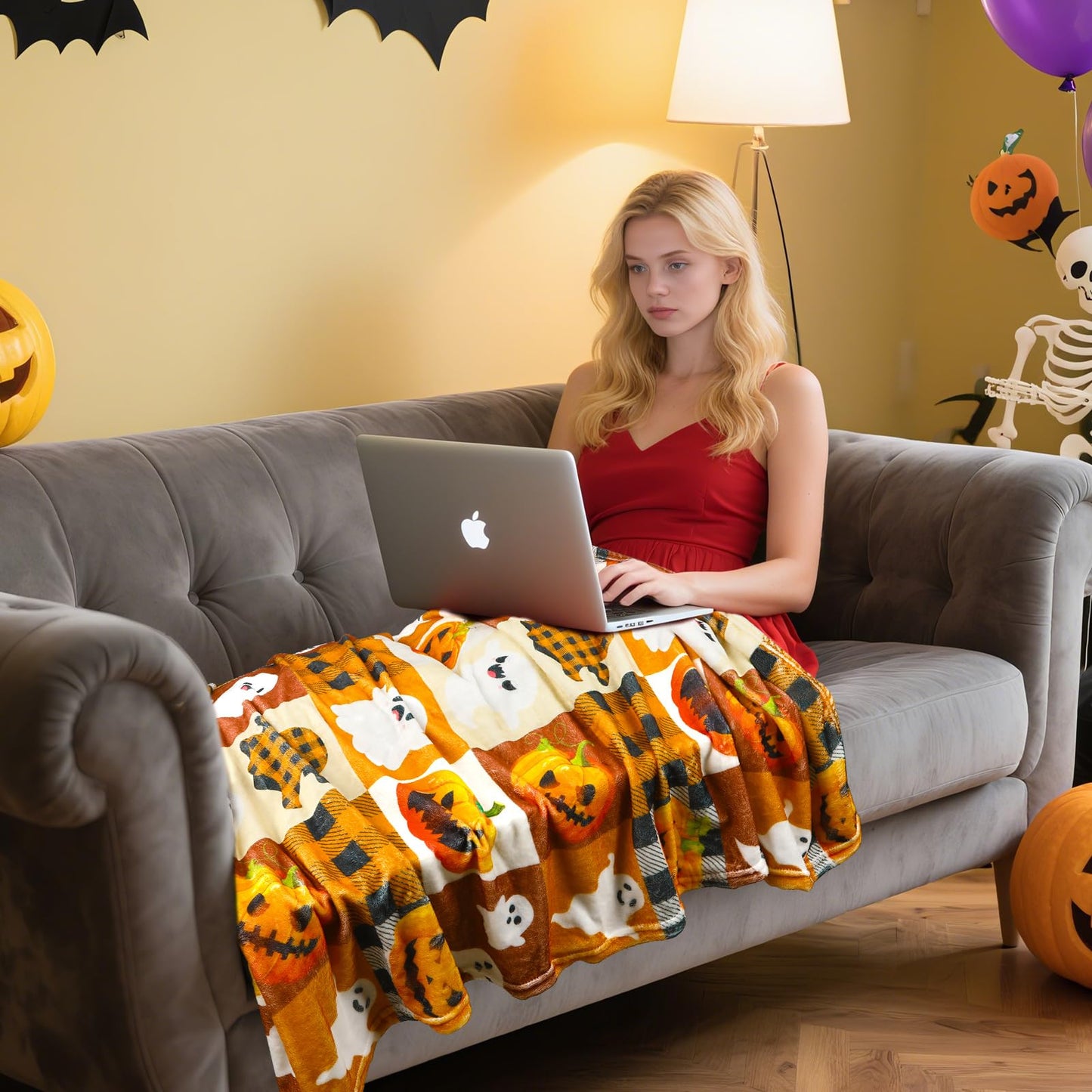 Jansun Halloween Blanket 50 x 60 in Orange Soft Couch Halloween Throw Blanket Living Room Throw for Women Men, Especially for Decor