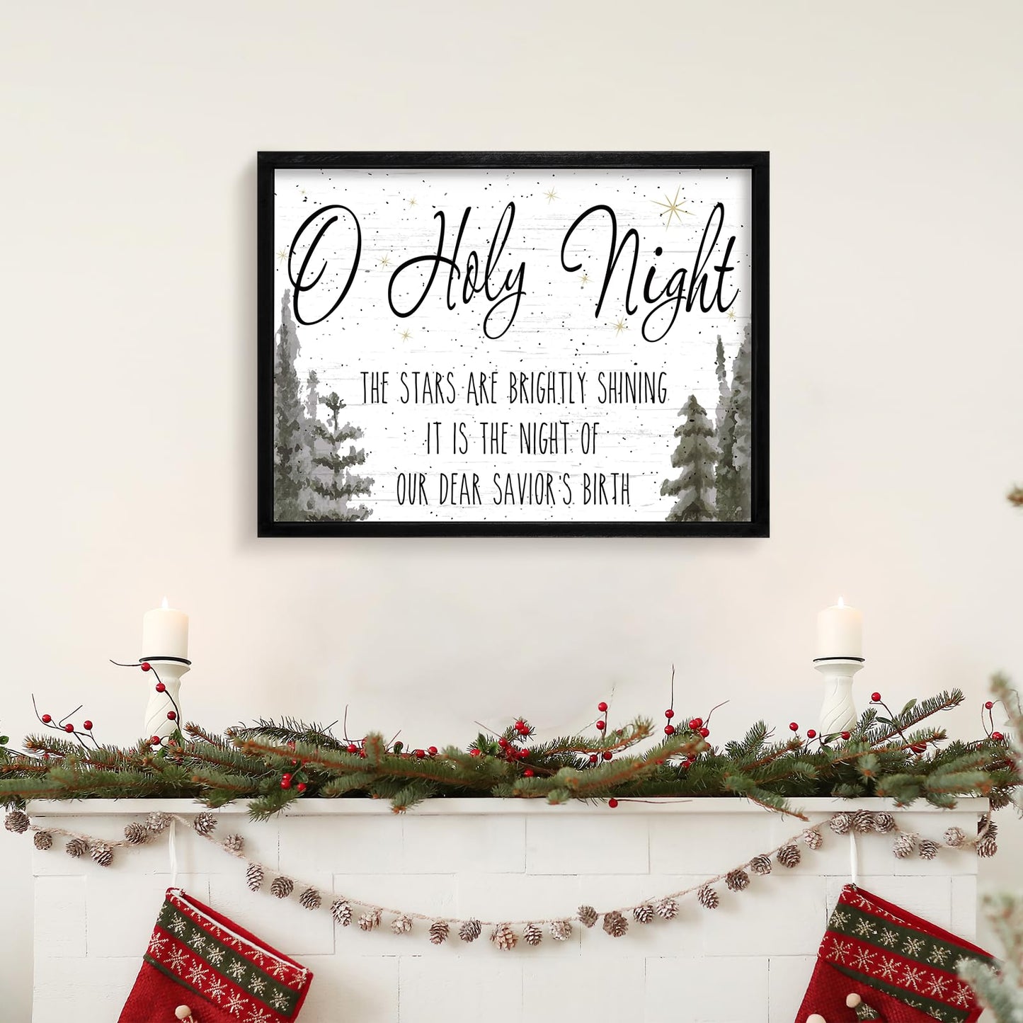 Ronasip Framed Christmas Wall Decor - O Holy Night Wooden Wall Art with Scripture (THE STARS ARE BRIGHTLY SHINING), Rustic Christmas Artwork, Xmas Home Decor, Winter Wall Sign (12"x16.5", Black)