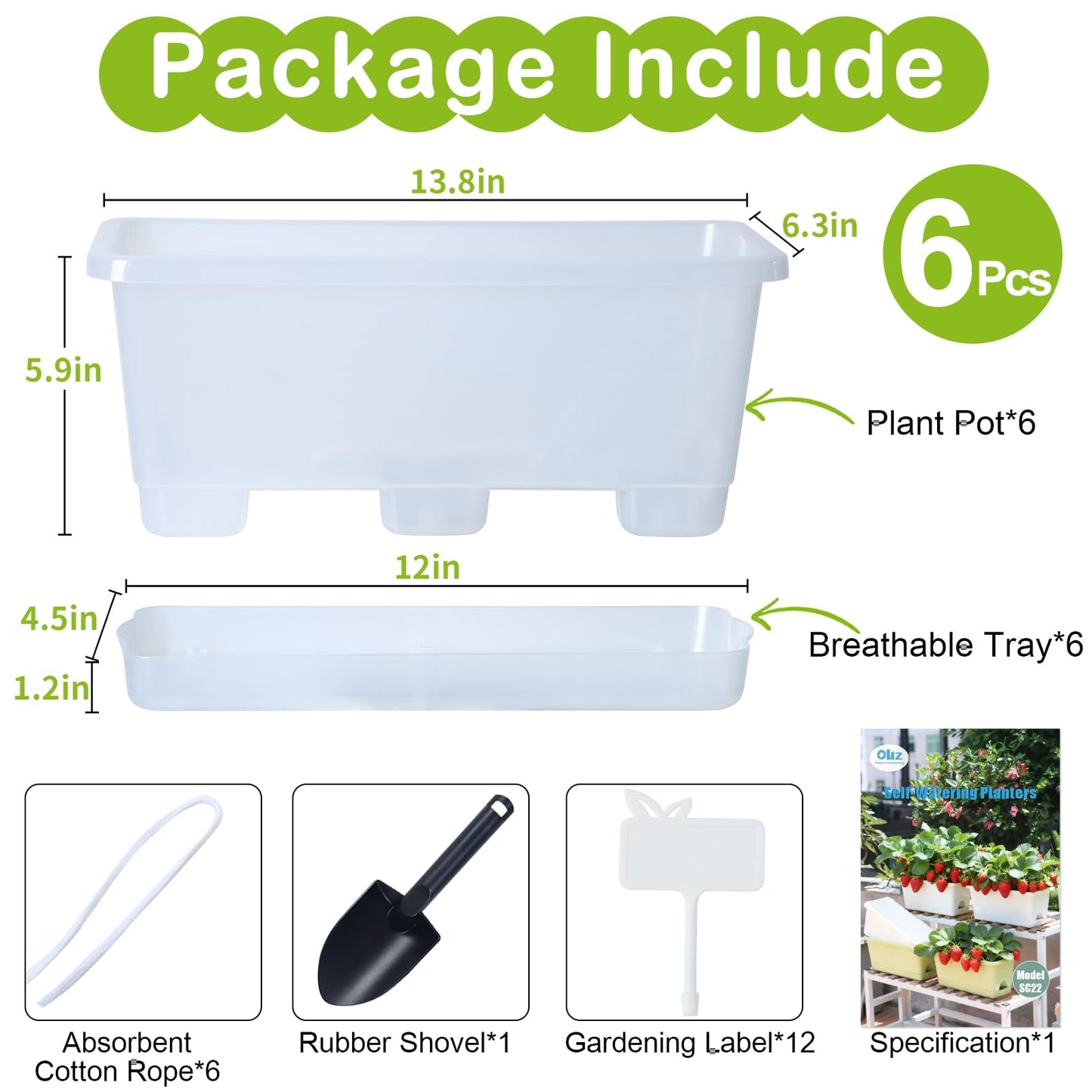 Oliz Window Box Planter 6 Packs, 13.8 Inches Rectangle Flower Pots with Drainage Holes & Trays, Pots for Vegetables, Herbs, Flowers, Garden Windowsill Balcony (Translucent White)