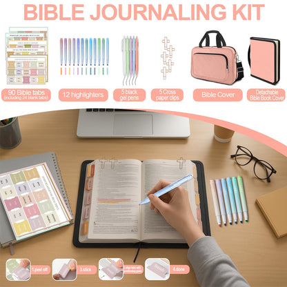 IBOVODI Pink Large Bible Cover Case for Women, Bible Study Supplies Bible Journaling Kit Book Carrying Case Church Bag with Shoulder Strap Handle Zipper Pocket, Christian Gifts