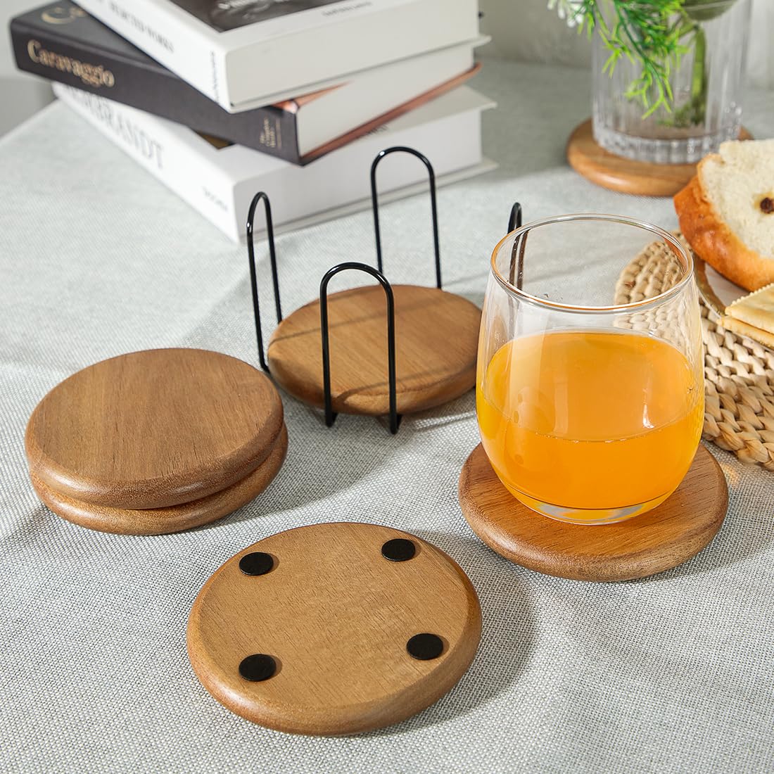 HALE OTEIR Acacia Wood Round Coasters Set of 6 with Holder, 3.93 Inch Rustic Wood Coasters with Smooth Rounded Edge for Mugs, Glasses, Coffee & Wine, Perfect for Home, Office or Christmas