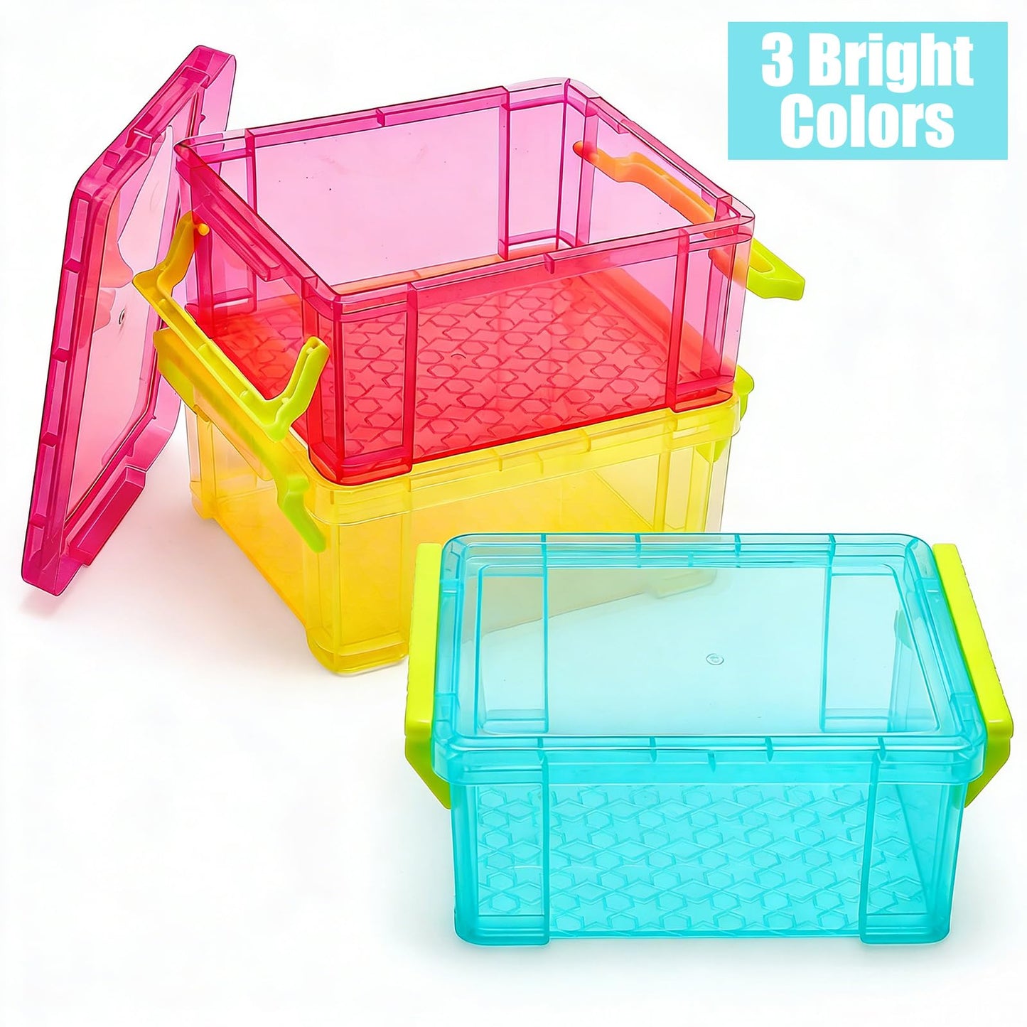 Nicunom 12 Pack Stackable Small Storage Containers with Latching Lids, Clear Plastic Craft Organizer Boxes Bulk for Crayons, Pencils, Art, Craft, Hobby, School Supply, 3 Colors, 5.2x3.9x2.4 Inch