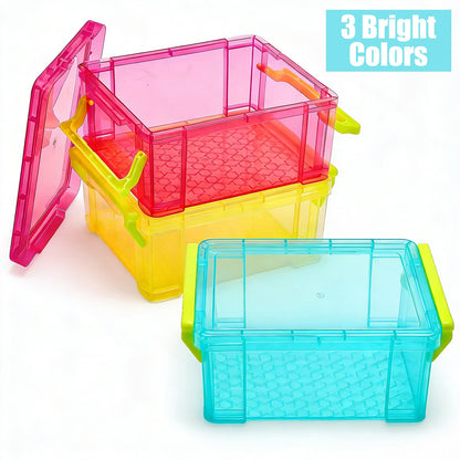 Nicunom 12 Pack Stackable Small Storage Containers with Latching Lids, Clear Plastic Craft Organizer Boxes Bulk for Crayons, Pencils, Art, Craft, Hobby, School Supply, 3 Colors, 5.2x3.9x2.4 Inch