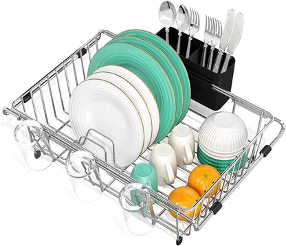 Urackify Dish Drying Rack in Sink, 304 Stainless Steel Expandable (15.35"-23.23"L) Over the Sink Dish Rack with Utensil Holder for Compact Kitchen, Space - Saving Dish Drainer for Inside Sink, Silver