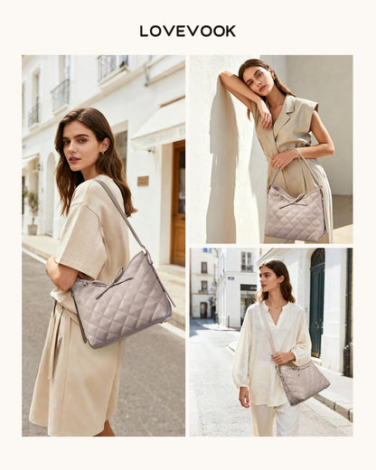 LOVEVOOK Purses for Women Soft Leather Hobo Handbags Diamond Pattern Quilted Crossbody Bag Designer Carteras Para Mujer Bucket Purse, Solid-Nude