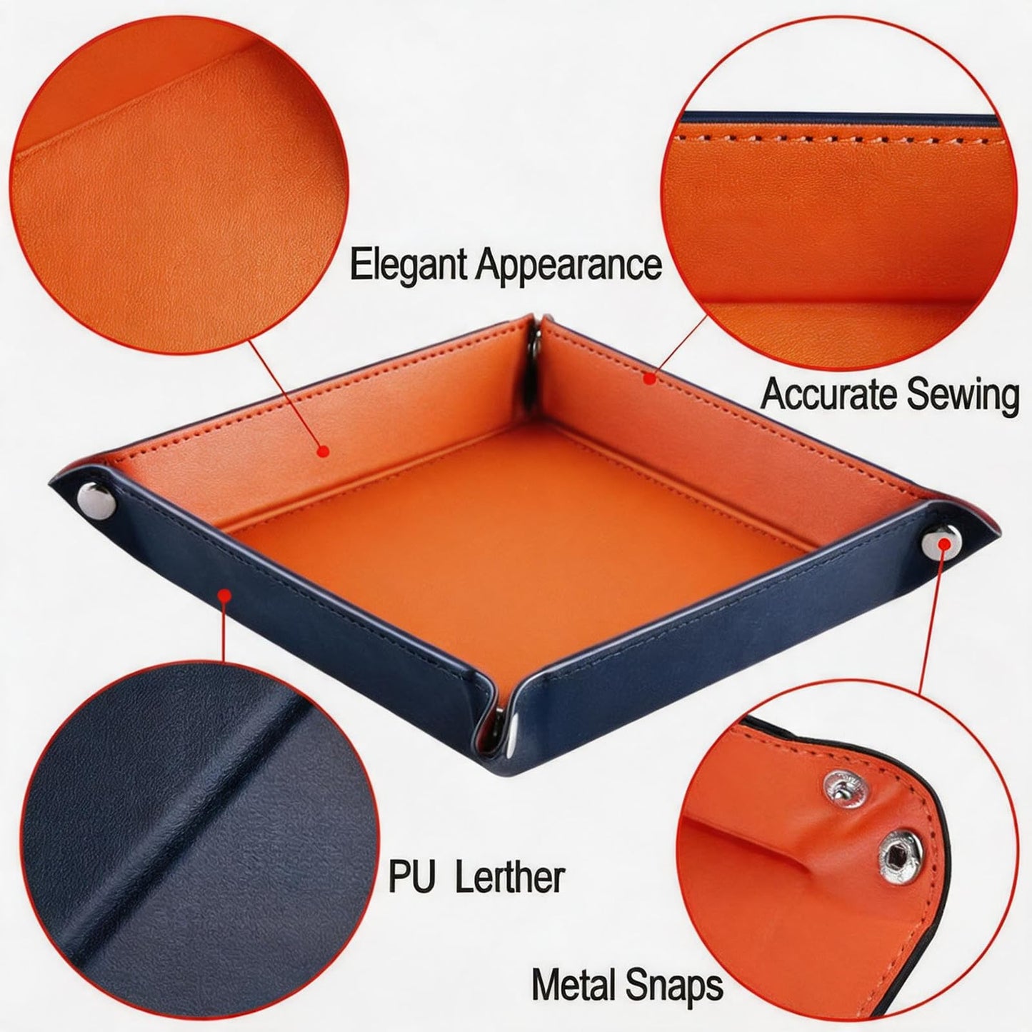 siduater Valet Tray Desktop Storage Organizer – Vegan Leather Catchall Bedside Vanity Tray Nightstand Caddy Holder for Remote Controller, Watch, Keys, Phone, Wallet, Coin, Jewelry (Orange/Black)