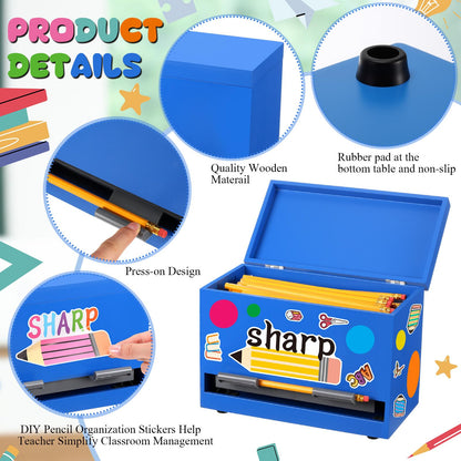 Watersay 108 Pcs Pencil Dispenser Kit for Classroom Wooden Sharp and Dull Pencil Holder 50 Pencils 50 Sharpener 6 Sticker Classroom Teacher Must Have Straw Dispenser for Back to School(Royal Blue)