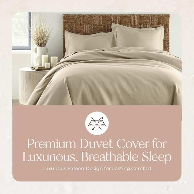 100% Organic Cotton Duvet Cover Queen Size - Naturally Soft Lightweight & Cooling Duvet Cover Set with Decorative Shams - Premium GOTS Certified 300 Thread Count Sateen Weave (Dune, Queen)