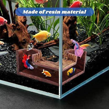 Aquarium Underground Corner Cave, Natural-Looking Wood-Like Viewing Fish & Shrimp Under Gravel Tunnel Fish Tank Decor Decoration Hideout for Corydora Catfish, Kuhli Loach, Pleco