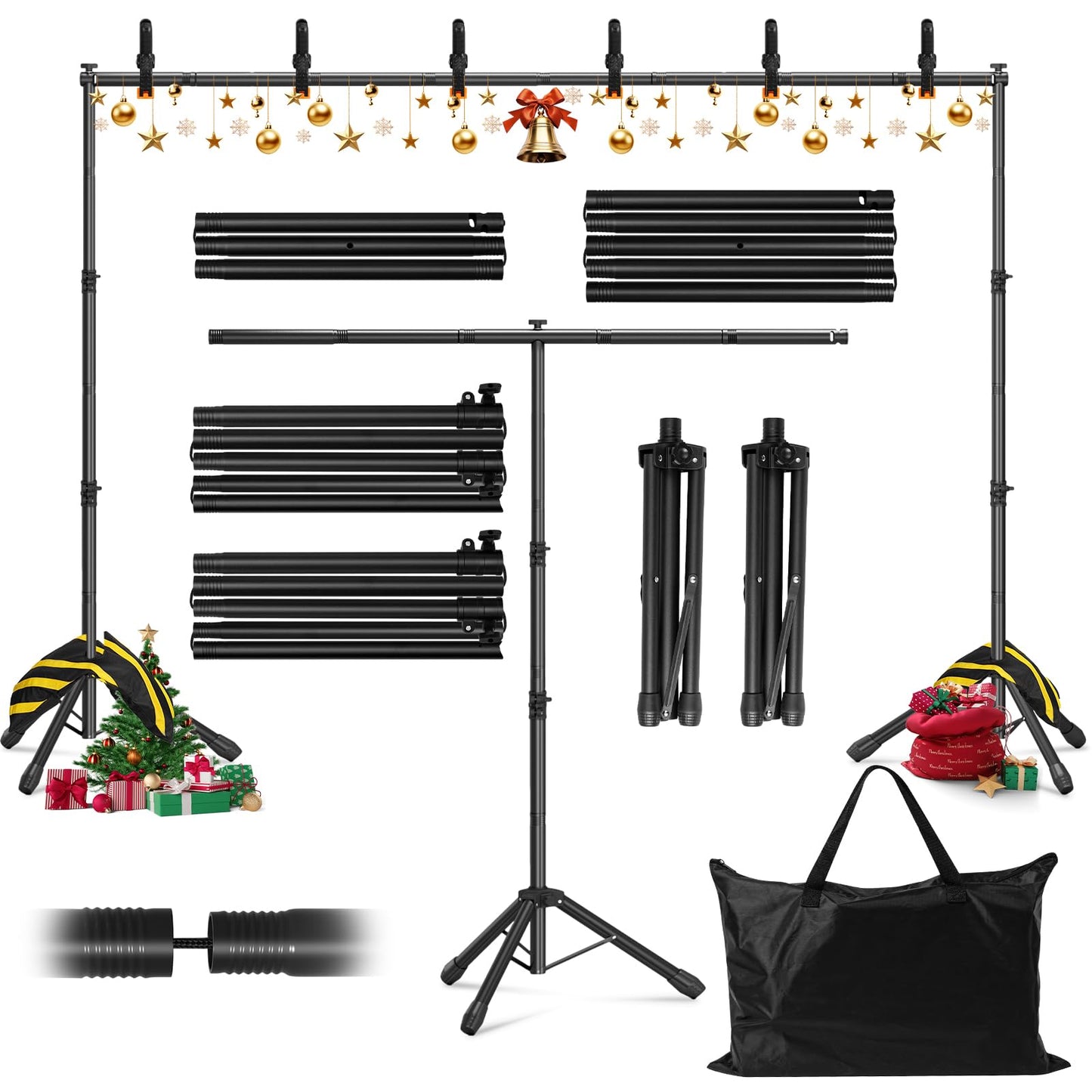 3-in-1 Adjustable Backdrop Stand 10 x 7.5 FT, Portable Photography Background Stand Kit with Carrying Bag, 6 Clamps & 2 Sandbags for Studio, Party, Video, Banner Display
