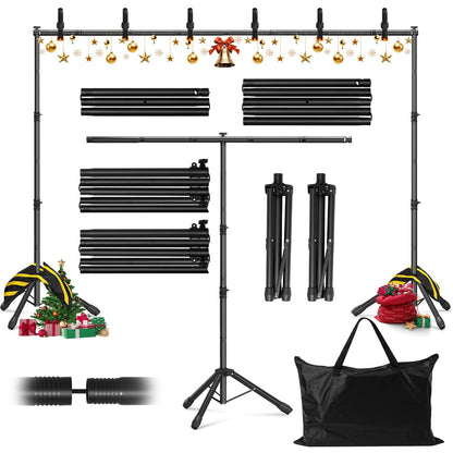 3-in-1 Adjustable Backdrop Stand 10 x 7.5 FT, Portable Photography Background Stand Kit with Carrying Bag, 6 Clamps & 2 Sandbags for Studio, Party, Video, Banner Display