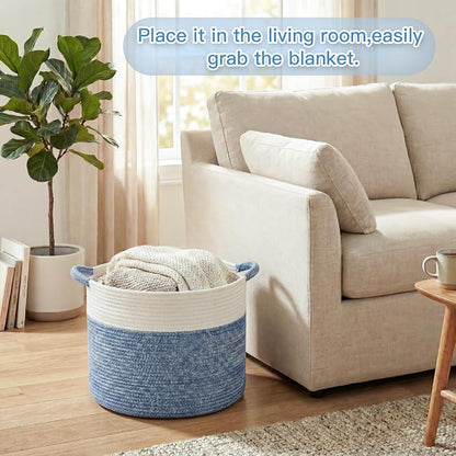 Artfeel 70L Large Cotton Rope Basket, Decorative Woven Blanket Storage for Living Room, Boho Toy Storage & Toy Box for Kids, Versatile Laundry Basket & Nursery Hamper for Blankets(DenimBlue)