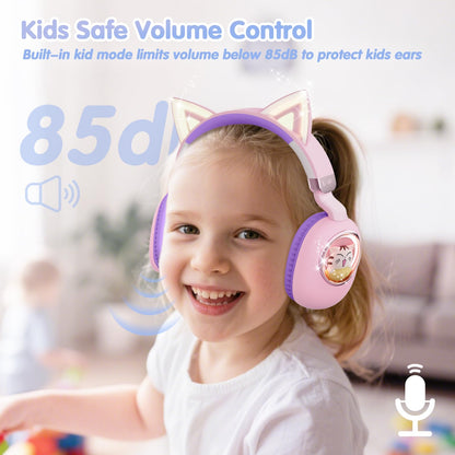 sunvito Kids Headphones Bluetooth 5.4 - Cat Ear LED Light Up Noise Cancelling Wireless Headphones with Mic, 85dB Volume Limited, Wired & Wireless Mode for Travel/School/iPad