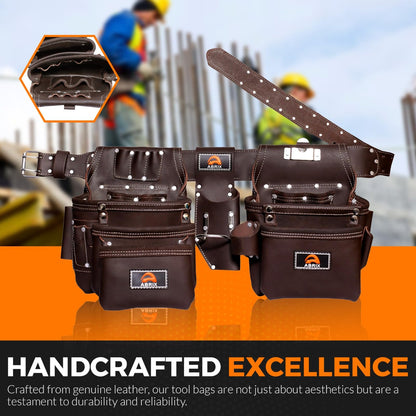 ABRIX Heavy Duty Tool Belt for Men – 4MM Thick Genuine Leather, Brass Buckle & Rivets | Foam Padded Comfort | 28-Pocket Carpenter & Framing Rig | Fits Waist 32 to 52 Inches | Professional Work Belt