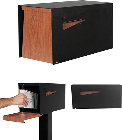 Ilyapa Modern Mailbox for Post Mount - Black Powder Coated Metal Mailbox with Cherry Wood Door - Waterproof for Parcels, Recessed Magnetic Close Door