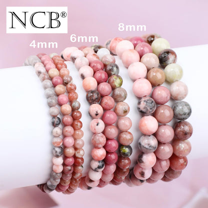 NCB 3-Piece 4mm Natural Crystal Gemstone Stretch Bracelets – ﻿Rhodochrosite, Pink Zebra, Pink Black Rhodonite Handmade Reiki Energy Healing Jewelry for Meditation,Yoga, Unisex