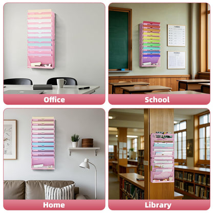 Marbrasse Wall File Holder 11-Tier Hanging Wall File Organizer, for Papers, Files Clipboard & Magazine Organizer, Wall Mount File Holder Great for Office Home (Pink)