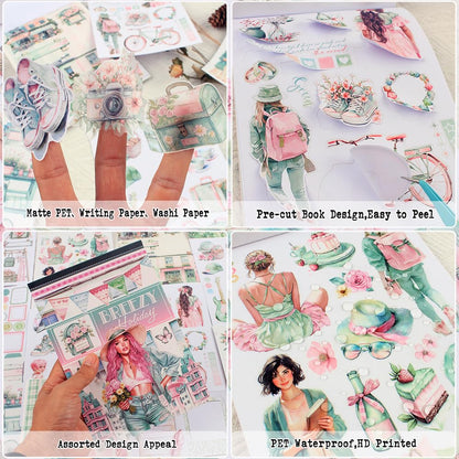 Dwpetzo Breezy Holiday Scenery Pre-Cut Journal Sticker Book for Women Journaling, Assorted Materials Paper PET Washi Stickers for Scrapbooking, Junk Journal Supplies, Planner, Collage, Crafts Arts