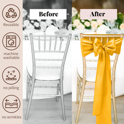 WASIRL Satin Chair Sashes Bows 50 pcs Chair Ribbon Sashes for Wedding Party Reception Events Banquets Hotel Event Chairs Decoration（Gold 7x108 inch）