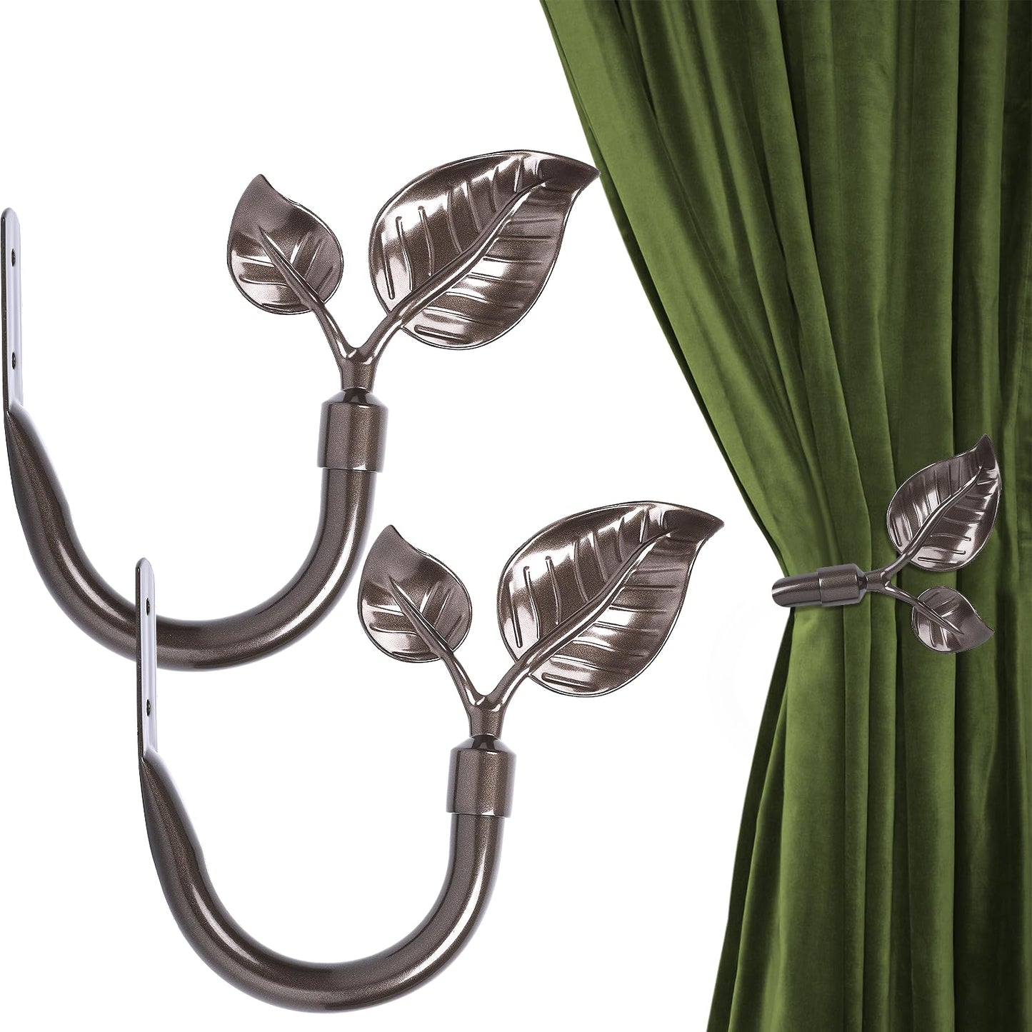 HIKMLK Leaf Shaped Curtain Tieback Holdbacks 2pcs, Handmade Metal Curtain Side Holders for Wall, Curtain Hook Pull Backs for Drapes Window Decoration
