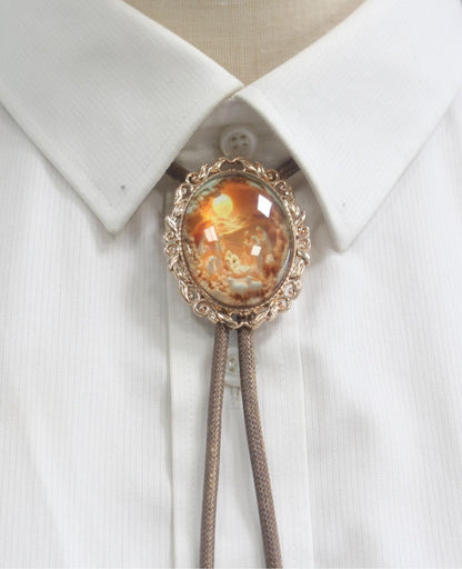 PEARLY JUN Bolo Tie for Women Men Flower Rose Western Cowboy Brown Leather Country Style String Vest Gifts (Gold - Saintly Baptism)