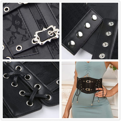 Sup-Coente Goth Black Wide Waist Belt Women Leather Elastic Stretch Corset Belt Gothic Punk Victorian Pirate Alt Emo Fashion
