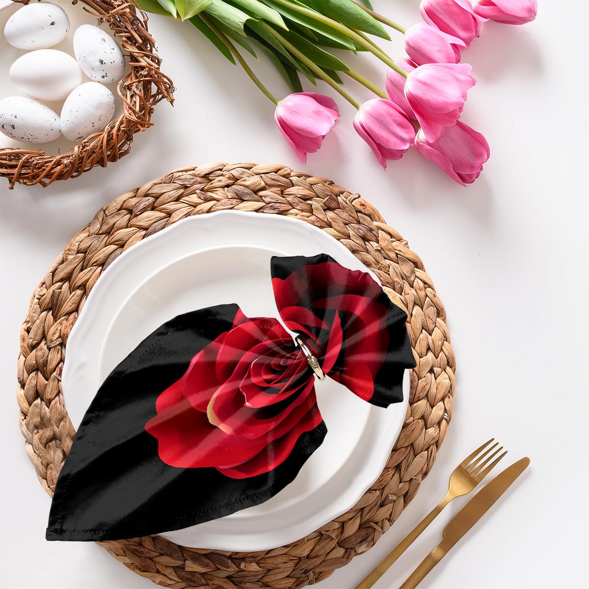 YPPAHHHH Red Rose Flower Black Cloth Napkins Set of 6 Table Napkin Cloth Washable Wrinkle Free Dinner Napkins for Holiday Parties Wedding Restaurant Decor