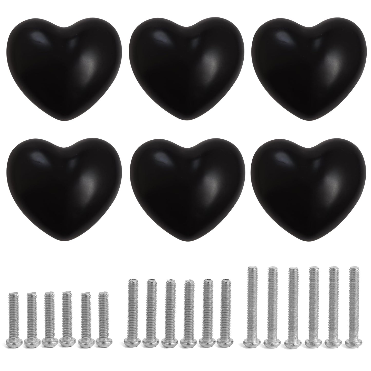 Perphin Ceramic Drawer Knobs Heart Shape Cabinet Dresser Pulls Handles with 3 Sized Screws, Kitchen Furniture Knobs for Closet Cupboard Wardrobe (6, Black)
