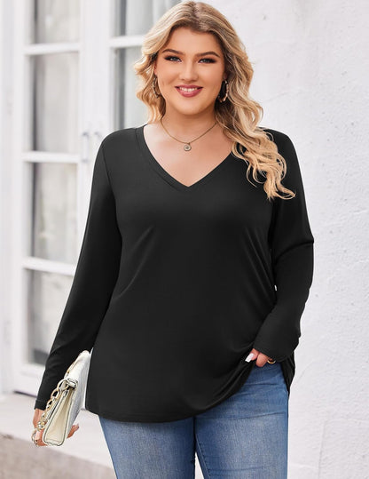 IN'VOLAND Womens Plus Size Long Sleeve Shirts V Neck Basic Tee Tops Loose Fit Fall Outfits for Women 1X-5X